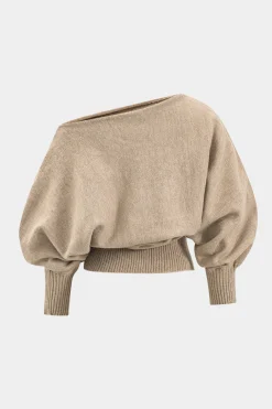 MICAS Knitwear|Knit Sets-Sweater Boat Neck Gigot Sleeve Top And Shorts Set TAN