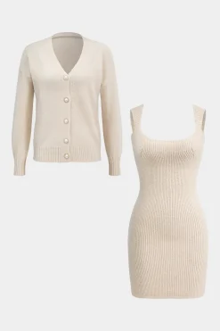 MICAS Knitwear|Knit Sets-Sweater Button Long-Sleeve Cardigan And Mini Dress Set BEIGE