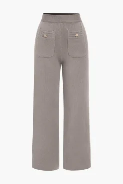 MICAS Knitwear|Knit Sets-Sweater Button Pocket Round Neck Long-Sleeve Cardigan And Trousers Set MOCHA