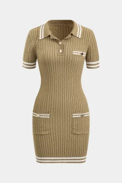 MICAS Knitwear|Knit Dresses-Sweater Button Pocket Short Sleeve Dress TAN