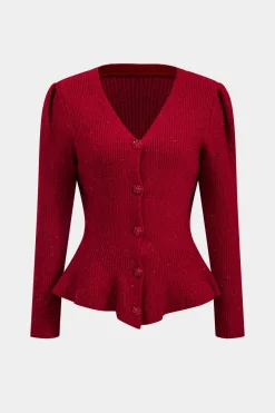 MICAS Knit Tops-Sweater Button V-Neck Long-Sleeve Top RED