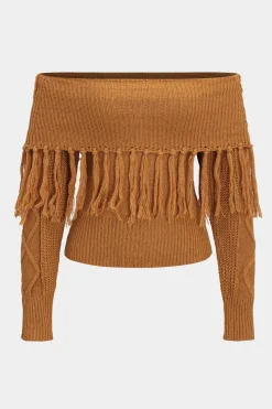 MICAS Knitwear|Knit Tops-Sweater Fringe Off-Shoulder Top DARK ORANGE