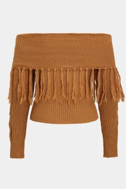 MICAS Knitwear|Knit Tops-Sweater Fringe Off-Shoulder Top DARK ORANGE