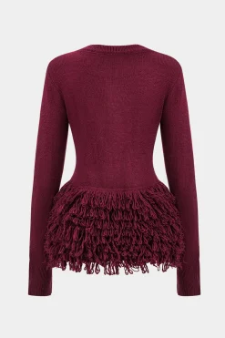 MICAS Knitwear|Knit Tops-Sweater Fringe Round Neck Long-Sleeve Top BURGUNDY