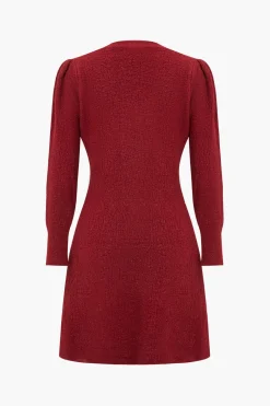 MICAS Long Sleeve Dresses|Knit Dresses-Sweater Long Sleeve Button V-Neck Dress RED