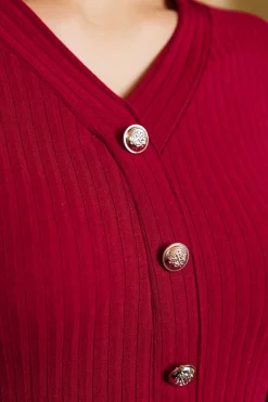 MICAS Long Sleeve Dresses|Knit Dresses-Sweater Long Sleeve Button V-Neck Dress RED