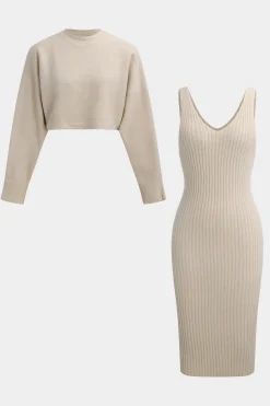 MICAS Knitwear|Knit Sets-Sweater Long-Sleeve Top And Dress Set BEIGE