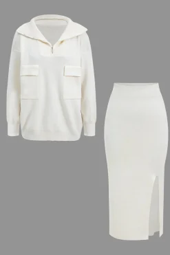 MICAS Knitwear|Knit Sets-Sweater Pocket Zipper Top And Slit Skirt Set WHITE