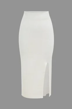 MICAS Knitwear|Knit Sets-Sweater Pocket Zipper Top And Slit Skirt Set WHITE