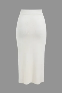 MICAS Knitwear|Knit Sets-Sweater Pocket Zipper Top And Slit Skirt Set WHITE