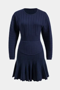 MICAS Long Sleeve Dresses|Knitwear-Sweater Round Neck Gigot Long Sleeve Dress NAVY