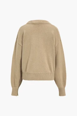 MICAS Knitwear|Knit Tops-Sweater V-Neck Long-Sleeve Top WHEAT