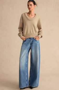 MICAS Knitwear|Knit Tops-Sweater V-Neck Long-Sleeve Top WHEAT