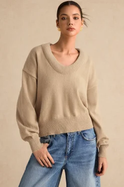 MICAS Knitwear|Knit Tops-Sweater V-Neck Long-Sleeve Top WHEAT