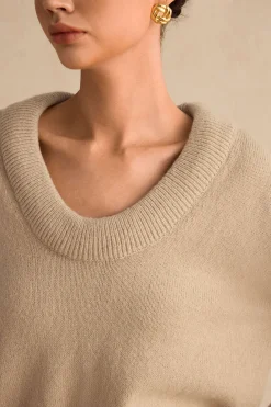MICAS Knitwear|Knit Tops-Sweater V-Neck Long-Sleeve Top WHEAT