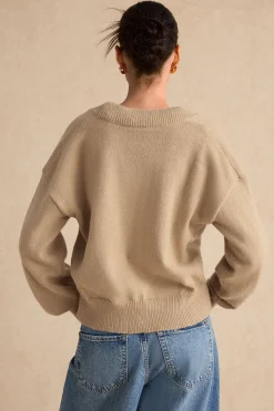 MICAS Knitwear|Knit Tops-Sweater V-Neck Long-Sleeve Top WHEAT