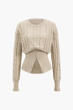 MICAS Knit Tops-Sweater Zipper Long-Sleeve Top BEIGE