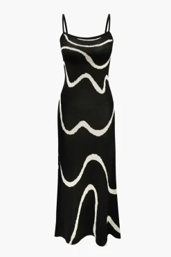 MICAS Knitwear|Maxi Dresses-Swirl Stripe Knit Cami Midi Dress BLACK