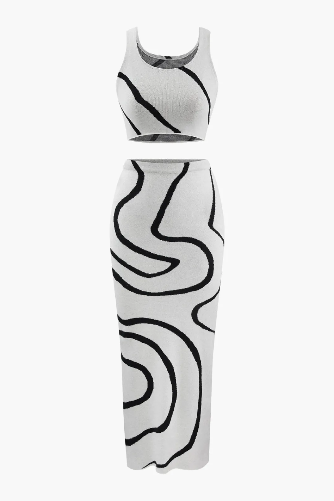 MICAS Skirt Sets-Swirl Stripe Knit Tank Top And Midi Skirt Set BEIGE