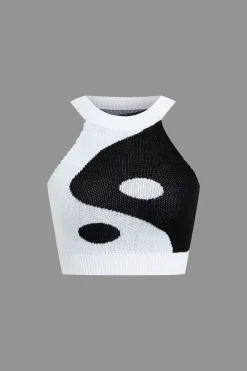 MICAS Knit Sets-Tai Chi Print Contrast Crop Knit Top And Mini Skirt Set BLACK