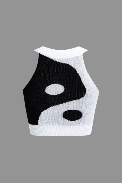 MICAS Knit Sets-Tai Chi Print Contrast Crop Knit Top And Mini Skirt Set BLACK