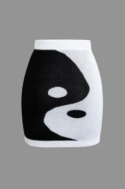 MICAS Knit Sets-Tai Chi Print Contrast Crop Knit Top And Mini Skirt Set BLACK