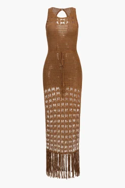 MICAS Knitwear|Swimwear-Tassel Hem Crochet Knit Cover Up Dress BROWN