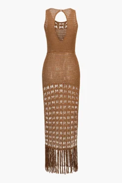 MICAS Knitwear|Swimwear-Tassel Hem Crochet Knit Cover Up Dress BROWN