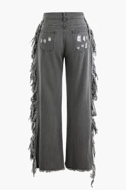 MICAS Jeans-Tassel Ripped Frayed Straight Leg Jeans BLACK
