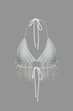 MICAS Vacation Sets|Knit Sets-Tassel Tie Halter Knit Bra Top And Distressed Ladder Maxi Skirt Set WHITE