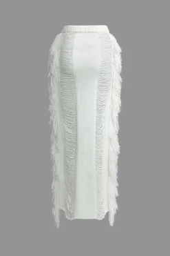 MICAS Vacation Sets|Knit Sets-Tassel Tie Halter Knit Bra Top And Distressed Ladder Maxi Skirt Set WHITE
