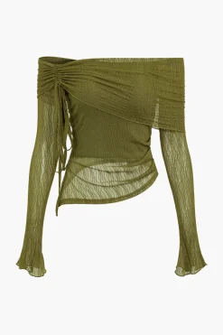 MICAS Long Sleeve Tops|Long Sleeves Tops-Texture Off Shoulder Asymmetrical Tie Mesh Top