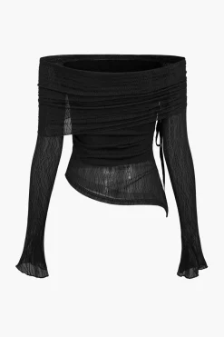 MICAS Long Sleeve Tops|Long Sleeves Tops-Texture Off Shoulder Asymmetrical Tie Mesh Top