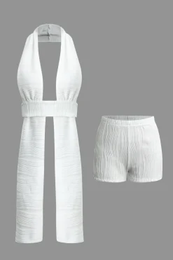 MICAS Short Sets|Vacation Sets-Textured Backless Halter V-Neck Shorts Set WHITE