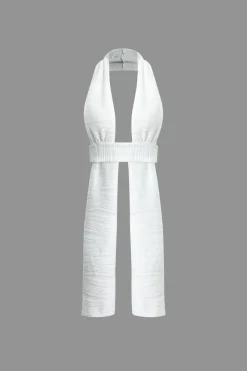 MICAS Short Sets|Vacation Sets-Textured Backless Halter V-Neck Shorts Set WHITE