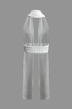 MICAS Short Sets|Vacation Sets-Textured Backless Halter V-Neck Shorts Set WHITE