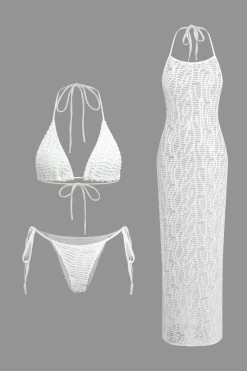 MICAS Swimwear|Vacation Sets-Textured Halter Neck Bikini And Open Knit Cover Up Set