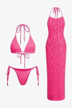 MICAS Swimwear|Vacation Sets-Textured Halter Neck Bikini And Open Knit Cover Up Set