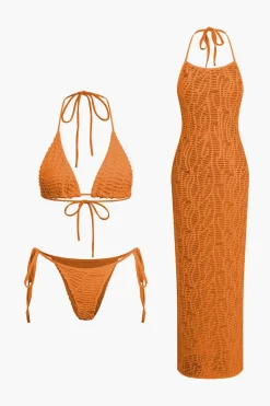 MICAS Swimwear|Vacation Sets-Textured Halter Neck Bikini And Open Knit Cover Up Set