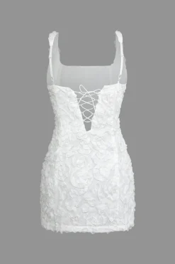 MICAS Mini Dresses-Textured Lace Up Tank Mini Dress WHITE