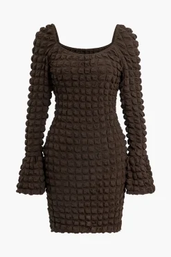 MICAS Mini Dresses|Long Sleeve Dresses-Textured Long Sleeve Bell Sleeves Mini Dress COFFEE