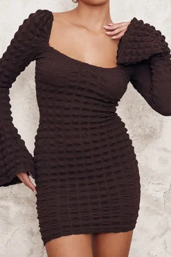 MICAS Mini Dresses|Long Sleeve Dresses-Textured Long Sleeve Bell Sleeves Mini Dress COFFEE