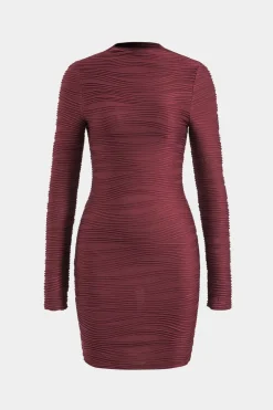 MICAS Long Sleeve Dresses|Mini Dresses-Textured Mock Neck Long Sleeve Mini Dress BURGUNDY