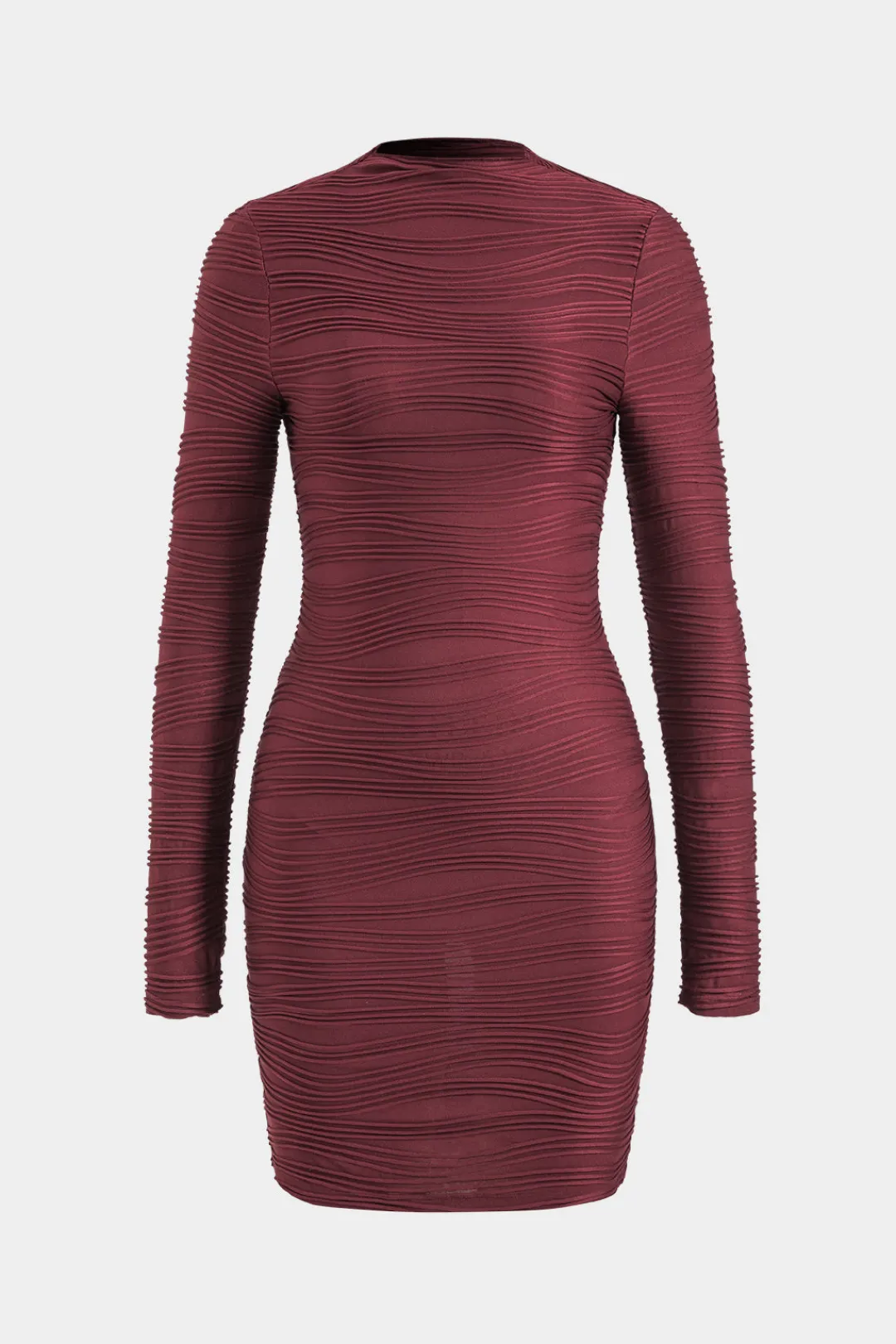MICAS Long Sleeve Dresses|Mini Dresses-Textured Mock Neck Long Sleeve Mini Dress BURGUNDY