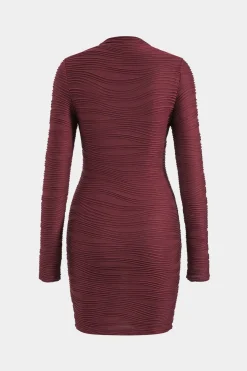 MICAS Long Sleeve Dresses|Mini Dresses-Textured Mock Neck Long Sleeve Mini Dress BURGUNDY
