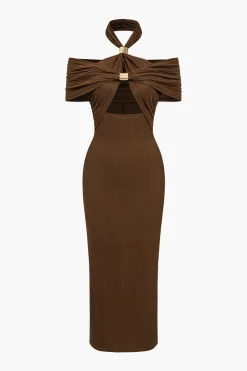 MICAS Midi Dresses-Textured Ruched Slit Midi Dress BROWN