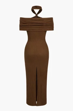MICAS Midi Dresses-Textured Ruched Slit Midi Dress BROWN