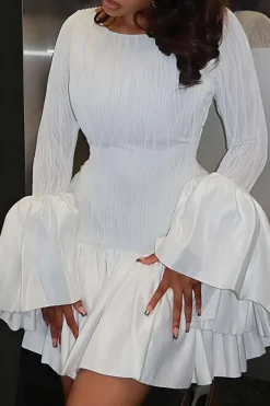 MICAS Long Sleeve Dresses|Mini Dresses-Textured Ruffle Long Sleeve Mini Dress WHITE