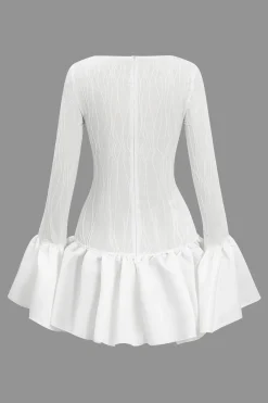 MICAS Long Sleeve Dresses|Mini Dresses-Textured Ruffle Long Sleeve Mini Dress WHITE