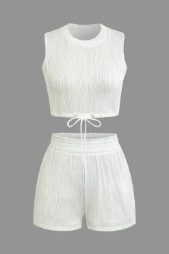 MICAS Short Sets-Textured Sleeveless Crop Top And Drawstring Shorts Set WHITE